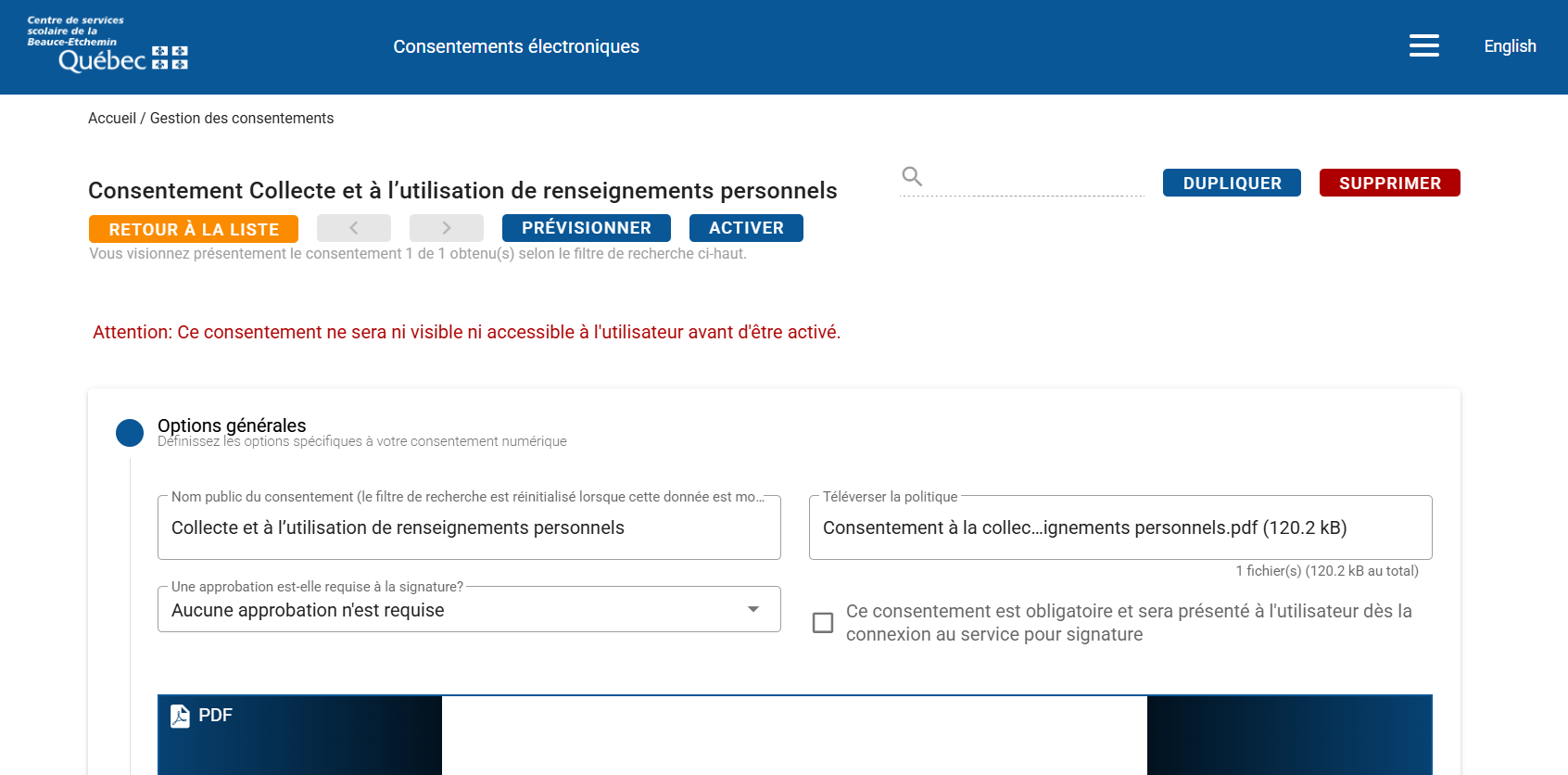 Formulaire de création d’un consentement