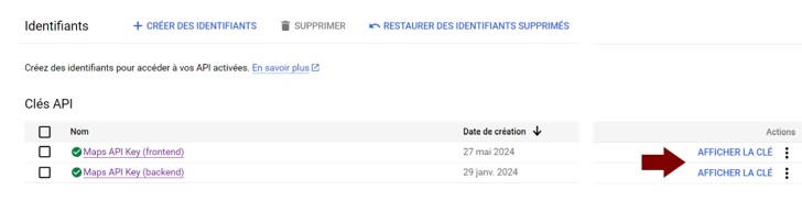 Copier les clés des API