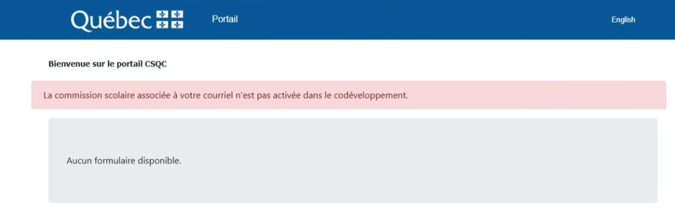 La commission scolaire associée à votre courriel n'est pas activée dans le codéveloppement