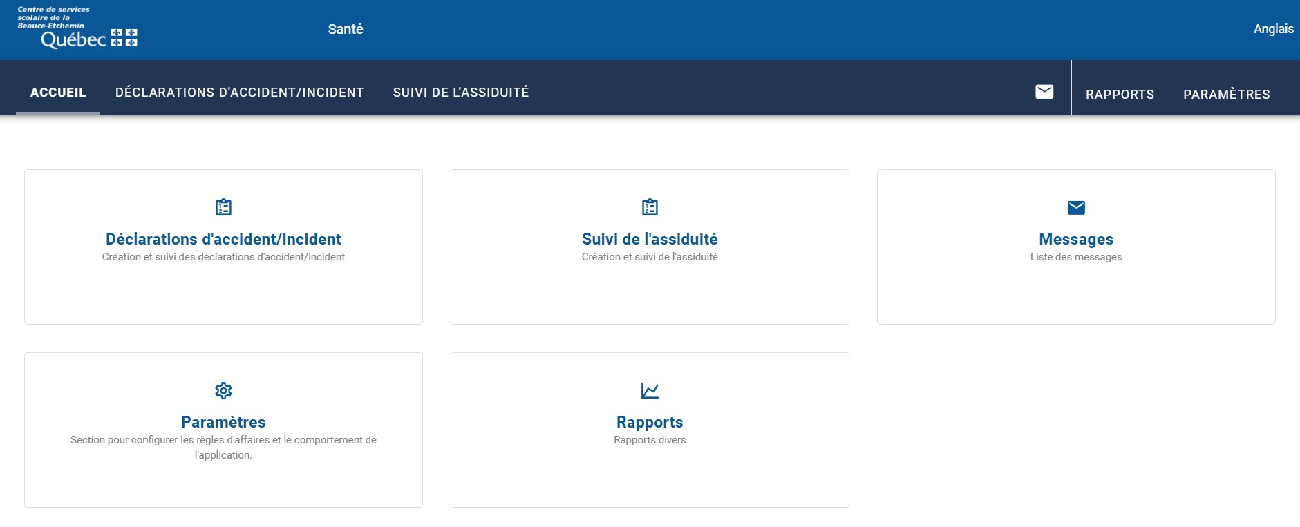 Page d'accueil de l'application Santé