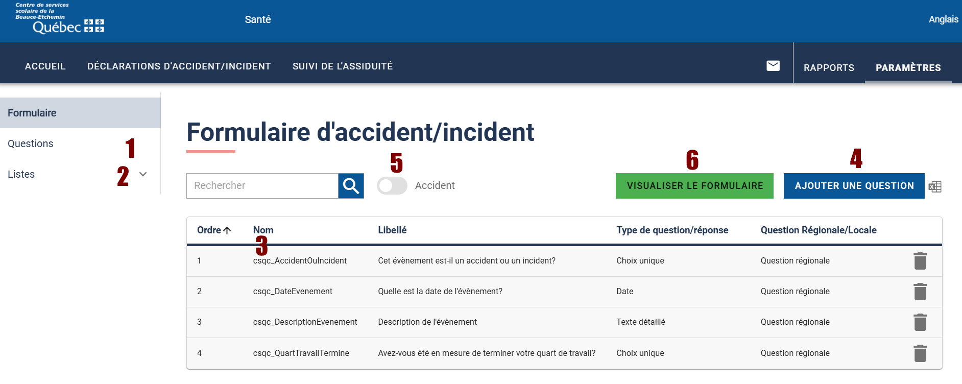 Personnaliser le formulaire d'accident/incident