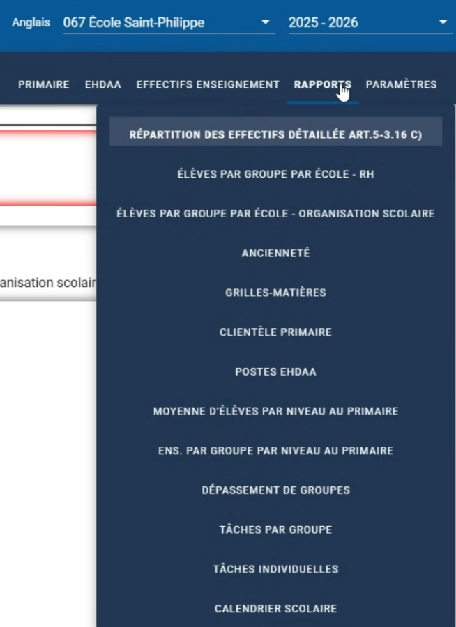 Menu rapports