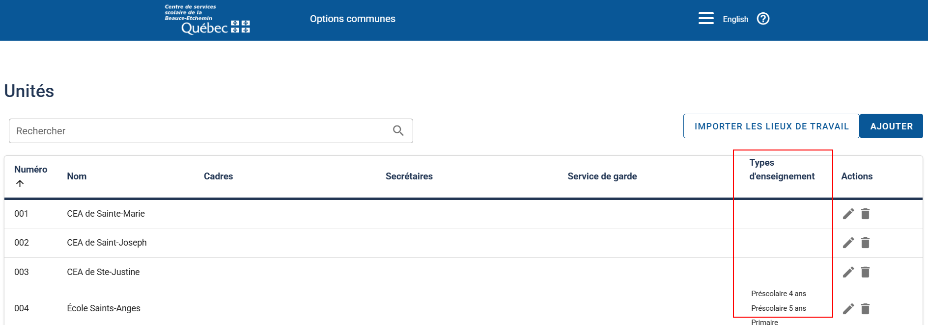 Types d'enseignement par unités